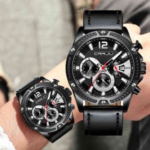 Heren lederen horloges CrRju luxe mode casual quartz horloges voor heren chronograaf date waterdichte man horloges reloj Hombre 210517