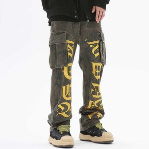 Lettre pour hommes broderie poches latérales Camouflage jean Cargo pantalon pour hommes droit épissé Streetwear Baggy décontracté Denim pantalon Z0301