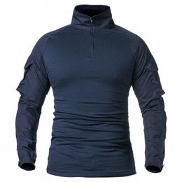 Chemise de combat de l'armée à manches LG pour hommes 1/4 Zipper Ripstop Cott Chemises tactiques militaires Bleu marine Camoufalge Airsoft T-shirts Z5rP #