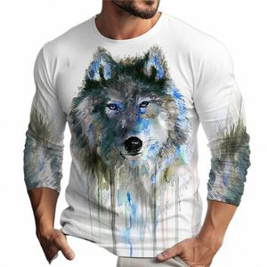 Heren T-shirt met grafische print en LG-mouwen, Unisex T-shirt, grappige T-shirts, Wolf, ronde hals, blauwe 3D-print, dagelijkse vakantiekleding, nieuwe r5YB #