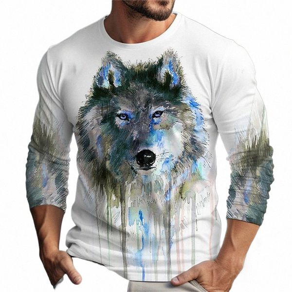 Camiseta con estampado gráfico de manga LG para hombre, camiseta unisex, camisetas divertidas, lobo, cuello redondo, estampado 3D azul, ropa navideña diaria, nuevo r5YB #