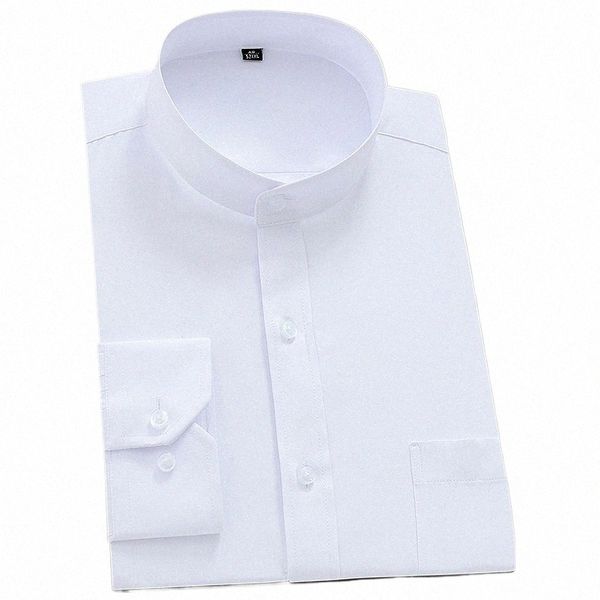 Hommes Lg manches Mao-col col Mandarin chemise simple poche plaquée Smart Casual Standard-fit Busin bureau Dr chemises C0UH #