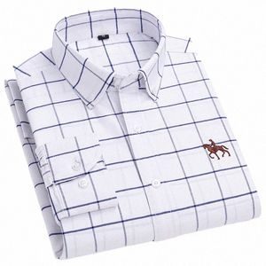 Hommes Lg manches S ~ 6XL Cott Oxford chemise à carreaux rayé Busin décontracté poche pour hommes coupe régulière chemise pour hommes 37bF #