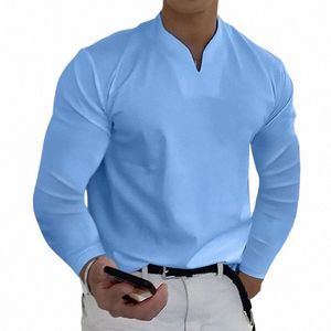 Chemises à manches LG pour hommes Casual Basic Couleur unie Col en V Vêtements confortables Tops de travail pour hommes I9MK #