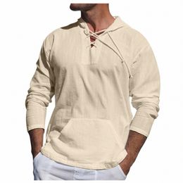 Hommes Lg manches t-shirt à capuche Cott chemise en lin hauts amples hommes chemises mari plage Style nouveauté belles chemises r3x6 #