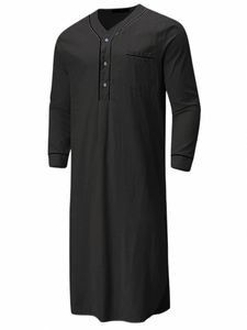 Henley-nachthemd met V-hals en zak voor heren met lange mouwen en zak - Comfortabele nachtkleding om te loungen en te ontspannen K8ur #