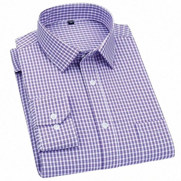 Chemise à manches Lg pour hommes Busin Casual Classic Plaid rayé à carreaux bleu violet mâle social Dr chemises pour homme Butt Shirt 81wC #