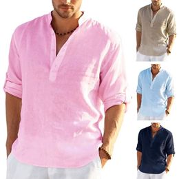 T-shirt à manches longues en lin pour hommes, couleur unie, chemise en coton décontracté ample, grande taille 220712