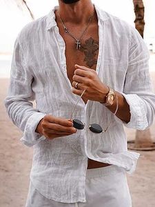 Chemise en lin pour homme Chemise décontractée Chemise d'été Chemise de plage Noir Blanc Rose Manches longues Plaine Revers Printemps Été Hawaïen Vacances Vêtements Vêtements Basique