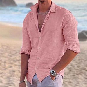 Voor heren Linnen overhemd Zomer overhemd Strand Overhemd Zwart Wit Roze Lange mouw Effen Kleur Turndown Lente Zomer Buitenshuis Straatkleding Kleding Button Down