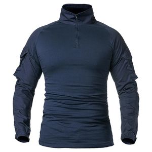 Chemise de combat militaire à manches longues pour hommes 1/4 fermeture éclair Ripstop coton chemises tactiques militaires bleu marine Camoufalge Airsoft t-shirts 240112