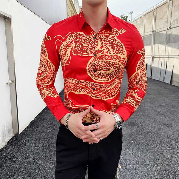 Chemise à manches longues pour hommes Style chinois Dragon Print Casual Slim Fit Vintage Chemise Night Club Tuxedo Chemises Homme Camisa Social 210527