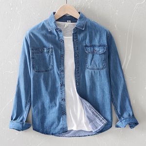 Heren lange mouwen Vintage Denim Shirts met twee zakken Lente Turn Collar Katoen Casual Mannen Aziatische maat