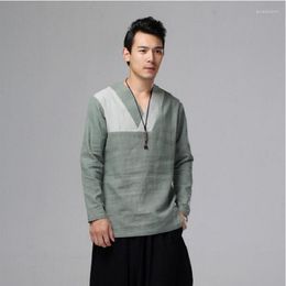 Hommes manches longues Kong Fu chemises col en v ligne Base porter Style chinois rétro couleur unie lâche automne vêtements SY0004