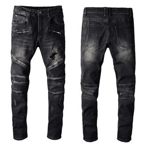 Mannen lange slanke zwarte jeans designer merk hoge kwaliteit gebleekte gescheurde potlood jean streetwear motocycle broek