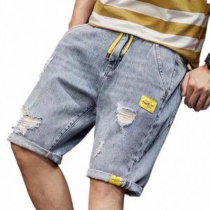 Losse vijfdelige shorts voor heren, een broek Casual elastisch taille gat stretch Koreaanse fi denim korte broek H4VS#