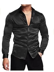 Luxe glanzend zijden satijnen overhemd voor heren, casual, slank, gespierd button-down overhemd met lange mouwen, plus maat S-3XL 240117