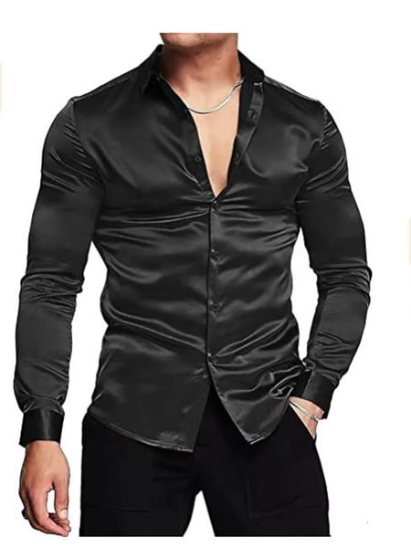 Chemise luxueuse en satin de soie brillante pour hommes, manches longues, décontractée, slim, boutonnée, grande taille, S-3XL, 240117