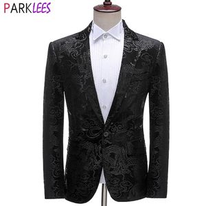 Chaqueta de terciopelo con estampado de dragón de lujo para hombre, chaqueta de marca con un botón, traje de solapa, Blazers para cena, fiesta de boda 210522