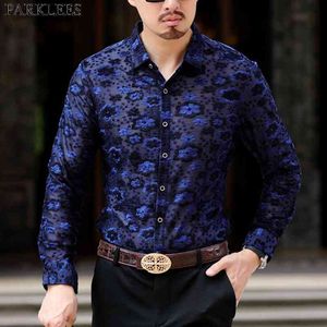 Heren Luxe Floral Borduurwerk Transparant Shirt Sexy See Through Clubwear Dress Shirt Mannen Party Event Kant Sheer Chemise 210522