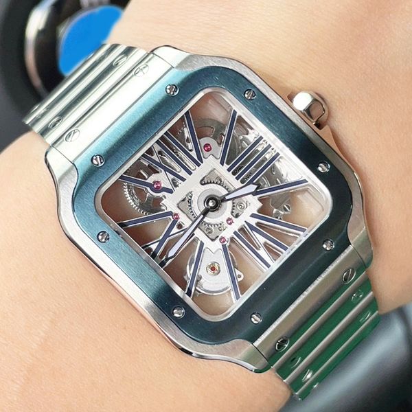 Montre masculin luxe creux automatique mouvement mécanique montre carré watch en acier inoxydable en métal double pliage fermoir 39,8 mm couronne de dos saphir transparent