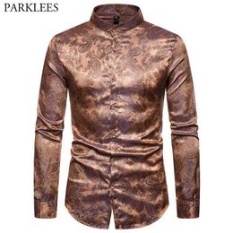 Heren Luxe Paisley Jacquard Gold Stylish Dress Shirts Slim Fit Lange Mouwen Mandarijn Kraag Bruiloft Club Party Sociaal Overhemd 2XL 210522