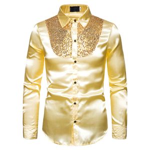 Luxe pailletten voor heren glitter shirts nieuwe zijden lange mouwen satijn glanzende disco feest shirt heren top stage nachtclub prom kostuum