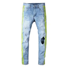 Homme décontracté homme néon jaune couleur lignes Patchwork déchiré jean mode trous détruit Denim Stretch pantalon pantalon 3057