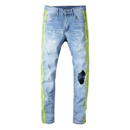 Heren Mannelijke Casual Man Neon Gele Kleur Lijnen Patchwork Gescheurde Jeans Mode Gaten Vernietigd Denim Stretch Broek Broek3106