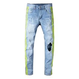 Heren Mannelijke Casual Man Neon Gele Kleur Lijnen Patchwork Gescheurde Jeans Mode Gaten Vernietigd Denim Stretch Broek Broek278I