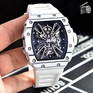 Montre mécanique pour homme en forme de tonneau 50/43/16 mm boîtier en fibre de carbone avec mouvement creux japonais chaîne automatique bracelet en caoutchouc multicolore montre de luxe