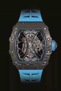 Mechanische horloge van heren vat gevormd 50/43/16 mm zwarte koolstofvezel kast volledig automatisch kronkelende Japanse originele holle beweging rubber riem luxe horloge