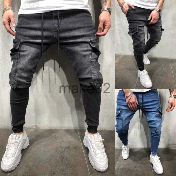 Hommes Hommes HipHop Pantalon Grande Poche Maigre Fermeture Éclair Mince Haute Qualité Casual Sport Corset Jeans x0714 L230724