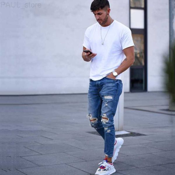 Hommes Solide Couleur Trou Distressed Nouveau Casual Slim Denim Style Européen et Américain Vente Chaude Jeans Taille Asiatique S-3XL L230724