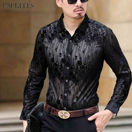 Heren Mesh See Through Lace Shirt Luxe Merk Borduurwerk Transparante Jurk Shirt Heren Party Event Prom Sexy Chemise 2XL 210522