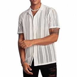 Maille pour hommes Voir à travers la maille Chemise sexy à manches courtes Butt Down Vintage Streetwear Party Tops Vêtements d'été S-3XL 2024 Nouveau B2tY #