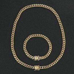 Juego de cadena de pulsera de eslabones cubanos de Miami para hombre, acero inoxidable chapado en oro de 14 quilates, 8 mm