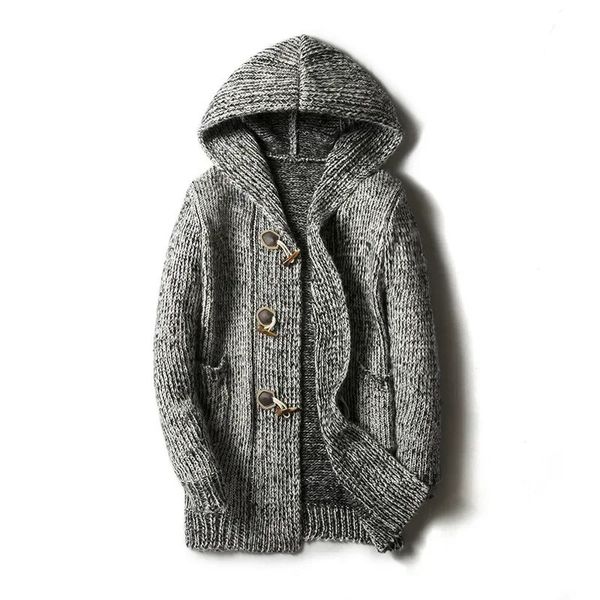 Cardigan mi-long à capuche pour hommes, pull épais, bouton en corne, grand manteau tricoté décontracté, 240104