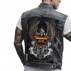 Gilet de motard pour hommes, grande aile, imprimé aigle, trou distrait, Punk Rock, veste en jean, noir, Streetwear, gilet P5AX #