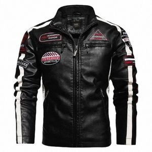 Heren motorfiets fleece leren jas opstaande kraag borduurwerk racejas windjack warme overjas kunstleer bikerjack W9gl#