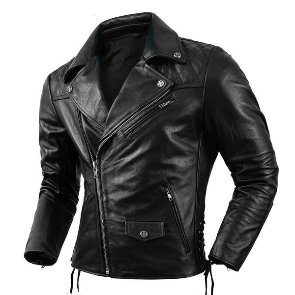 Protecteur de veste de moto pour hommes, vêtements en cuir véritable, peau de vache naturelle, fermeture éclair oblique, manteau de haute qualité, taille S-5XL 231226