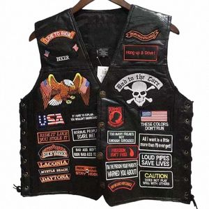 Gilets de moto en cuir pour hommes, court, simple boutonnage, 42 patchs, veste à manches brodées, gilet Punk pour hommes H40e #