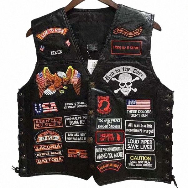 Chalecos de cuero de motocicleta para hombres Chaleco corto de un solo pecho 42 parches Fi Chaqueta de manga bordada Chaleco punk para hombres H40e #