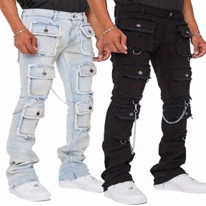 Heren multi-pocket jeans rechte broek Europese en Amerikaanse straatfi ins populaire stretch werkkleding wo rechte broek A9DA #