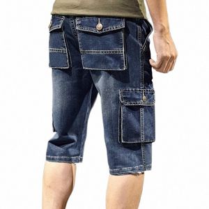 Multi poches Multi Pockets Denim Summer Summer Straight Cropped Pants Street Jeans Shorts Male S1 #