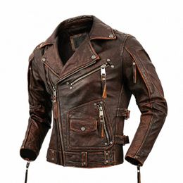 Heren natuurlijk leren motorjas Toplaag koeienhuid bikerjack Retro Moto pak Ste gefreesd groot formaat leren jas m6DC #