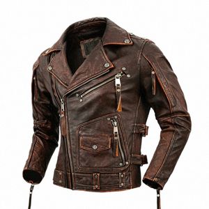 Veste de moto en cuir naturel pour hommes couche supérieure veste de motard en peau de vache rétro costume de moto Ste fraisé veste en cuir de grande taille m6DC #