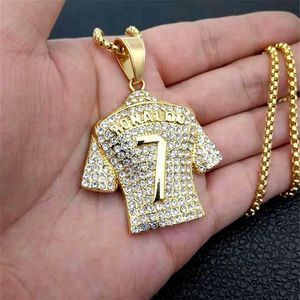 Collier pour hommes Football 7 pendentif avec chaîne en acier inoxydable et collier de strass brillants glacés bijoux de sport Hip Hop X0707212Q