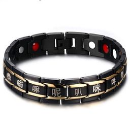 Nueva llegada de los hombres de alta calidad oro negro 316L acero inoxidable budista religioso salud imán pulsera de cadena de eslabones de piedra 8 6265f