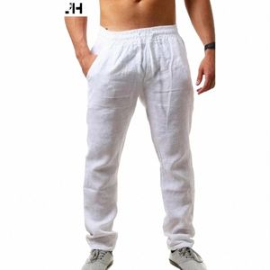 Pantalon de sport décontracté pour hommes, taille élastique, coton et lin, couleur unie, pantalon ample, U7n5 #
